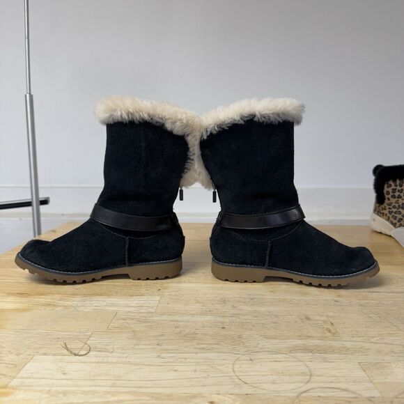 UGG Nessa Black Suede Boots Fur Trim Buckle Warm Kids School Comfy Zip size 2 - Picture 5 of 12